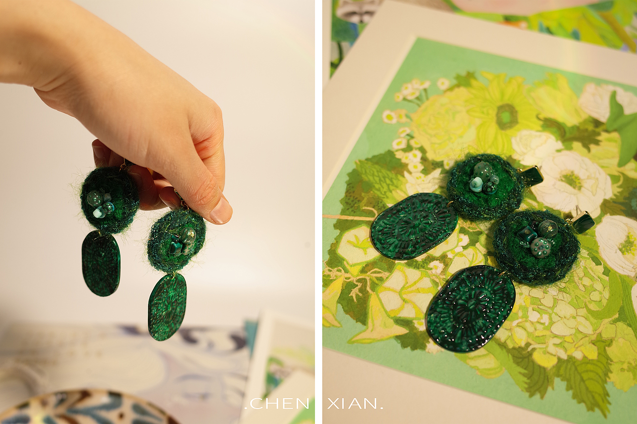 原创|绿色系刺绣耳环
