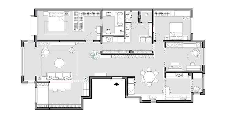 原有建筑通风采光都不错。对于整体格局上,我们进行了大面积的改造,让整个的动线重新进行了整合。
1.入门口看到的是,连接客餐厅的超大玄关区,兼备立面丰富度与整体收纳。<br>2.南向是客厅和茶室的空间,在客厅的后面,整个书房墙体打开,互相借景放大空间。让空间拥有更大的拓展性和可变化性,阳光洒进来更充沛。<br>3.在门厅玄关后后面,把所有墙体拆掉,重新分配空间,形成第二条动线,环绕型动线。在使用中放大空间的扩展度。<br>4.如果说客餐厅间的动线是会客动线,是为了更大气好看。那后面这条动线,就是实用动线。连接起了主卧与儿童房的关系,缩短步线距离。<br>5.连接主卧和卫生间,方便男主人使用,为客厅提供便利。水吧空间。洗衣机烘干机,熨烫,临时晾晒都安排在副动线内,方便,并且隐蔽。<br>6.为了保证主卫和综合服务区的采光,我们打开了两个位置可以引入光线。水池后面用玻璃砖,儿童房相邻用艺术玻璃。<br>7.主卧原有比例过大,反而会让人不踏实,所以重新调整主卧的比例,增加衣帽间。<br>7.儿童房兼备睡眠区,储衣区,玩具展柜和书桌,方便使用。<br>8.多功能房内,钢琴区,办公区,以及临时客卧的区域。给空间留有可变性。<br>9.餐厨一体,中西分开,串联起空间的不同场景。<br>10.书房空间容纳大量书籍收纳,居家办公,临时午休。视野开阔,光线充沛。