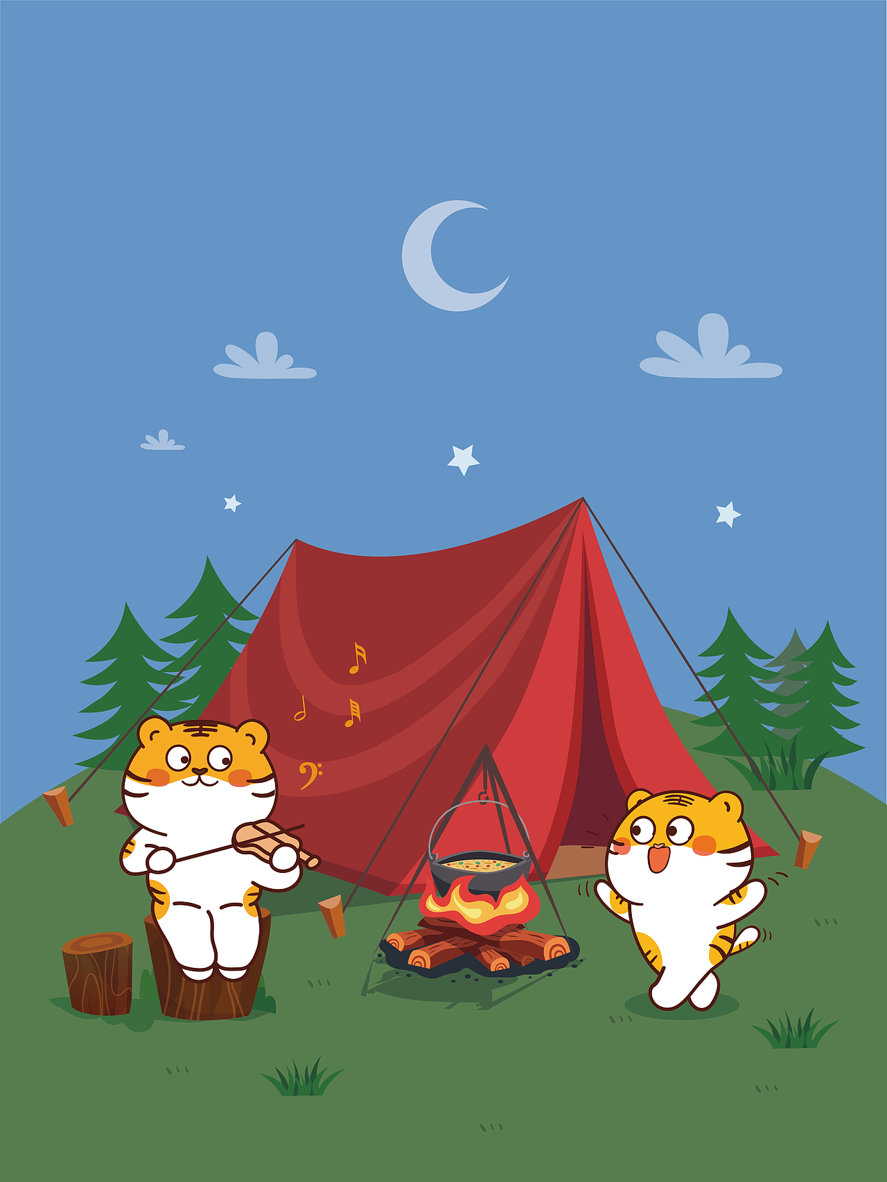 虎萌萌ip卡通形象设计插画表情包五一旅游露营海报