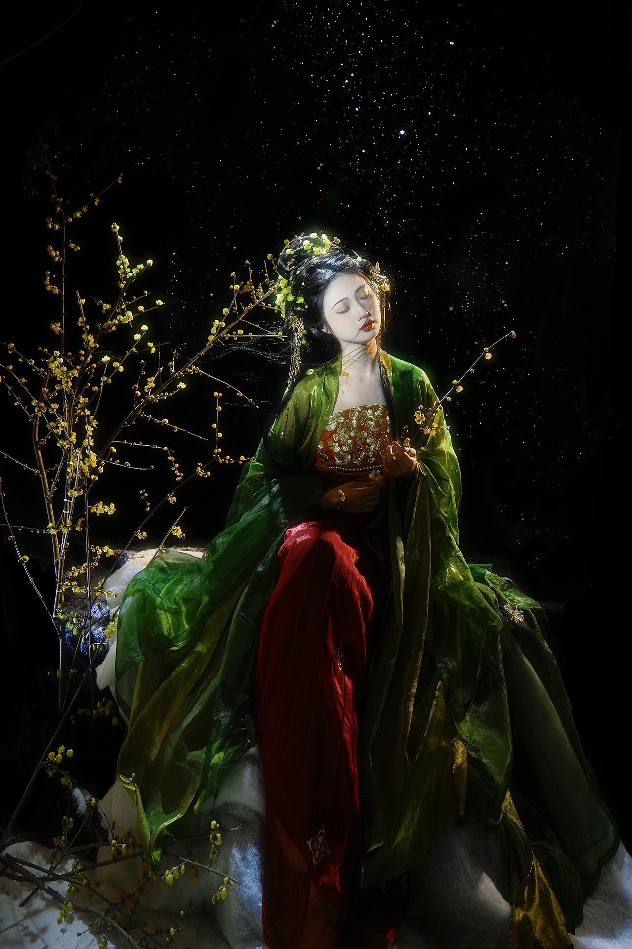 室内蜡梅雪景花妖汉服写真