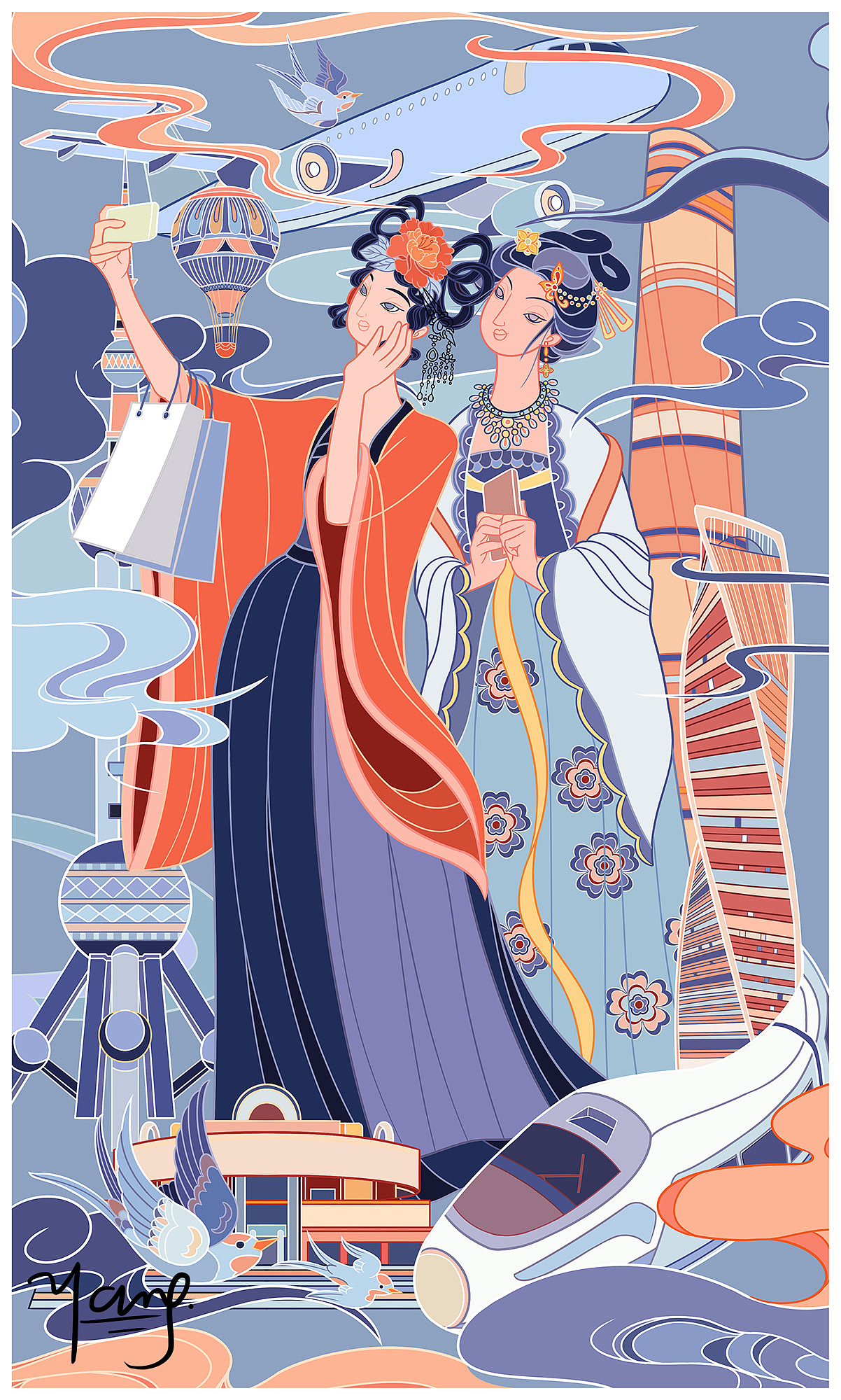 国风线性插画-古画今画