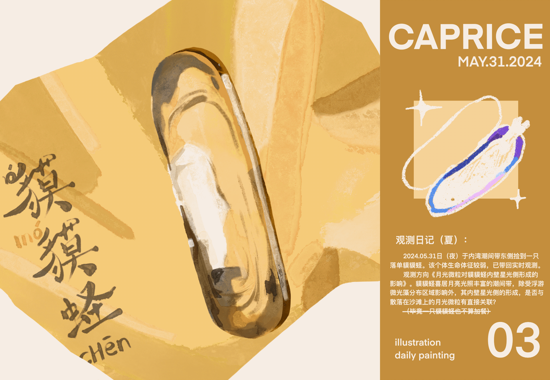 03《貘貘蛏》——  2024.05.31日(夜)于内湾潮间带东侧捡到一只落单貘貘蛏。该个体生命体征较弱,已带回实时观测。观测方向《月光微粒对貘貘蛏内壁星光侧形成的影响》。貘貘蛏喜居月亮光照丰富的潮间带,除受浮游微光藻分布区域影响外,其内壁星光侧的形成,是否与散落在沙滩上的月光微粒有直接关联?(毕竟一只貘貘蛏也不算加餐)