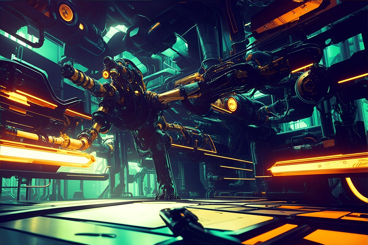 智能机械臂在工厂车间工作的艺术感场景