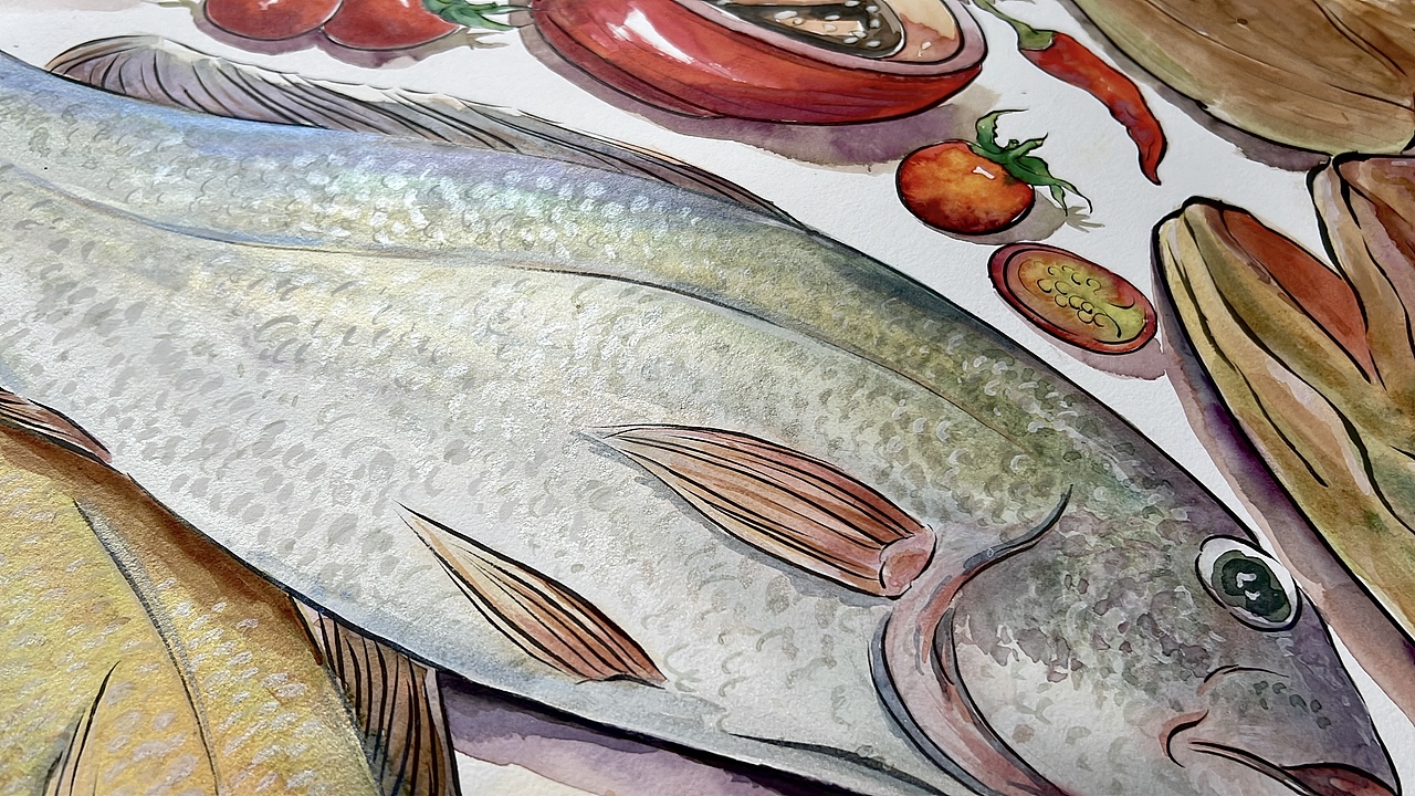 何记面馆非遗传承黄鱼面水彩纯手绘《黄鱼七兄弟》（图ZMzU1NjI5Mzky） - 商业插画 - 站酷设计师噜猫小画家原创素材 - 站酷ZCOOL