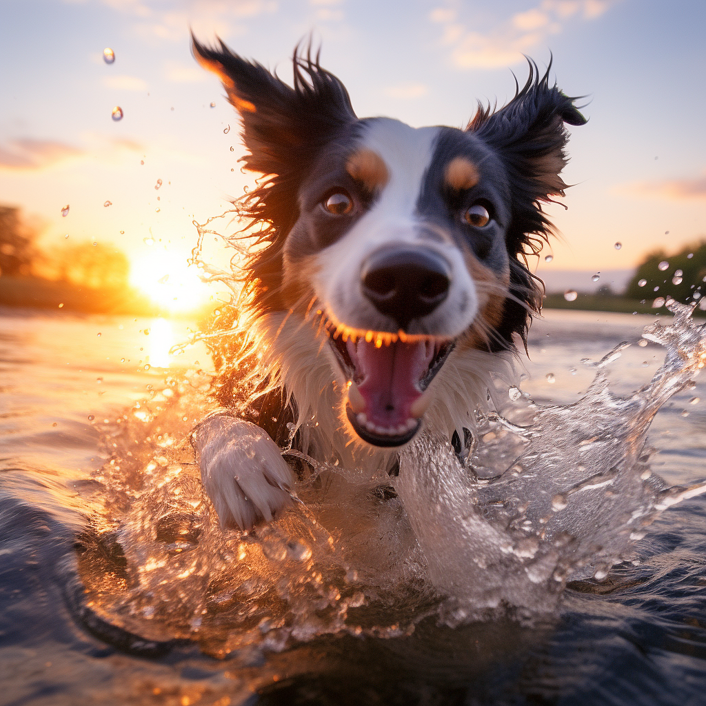 欢快明亮的边境牧羊犬在日落时分的河中游泳
