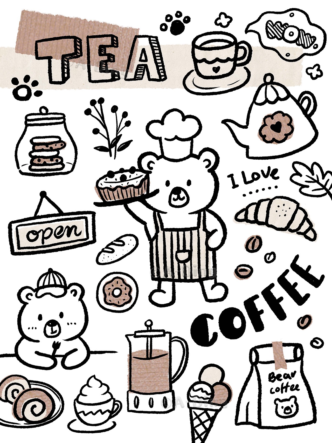 黑白手帐素材-Tea or coffee-简笔画咖啡（图ZMzcwODQ2MTAw） - 创作习作 - 站酷设计师绿瓷叮叮原创素材 - 站酷ZCOOL