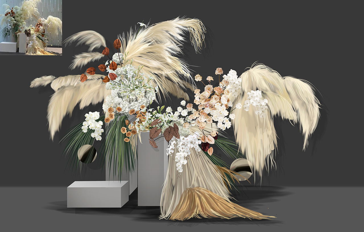 婚礼设计手绘龙须草组合花艺效果图