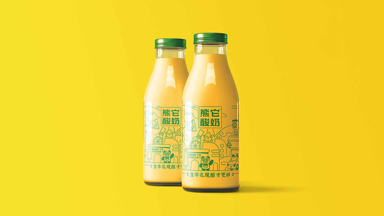 熊它酸奶-饮品品牌地标线性插画瓶身包装设计