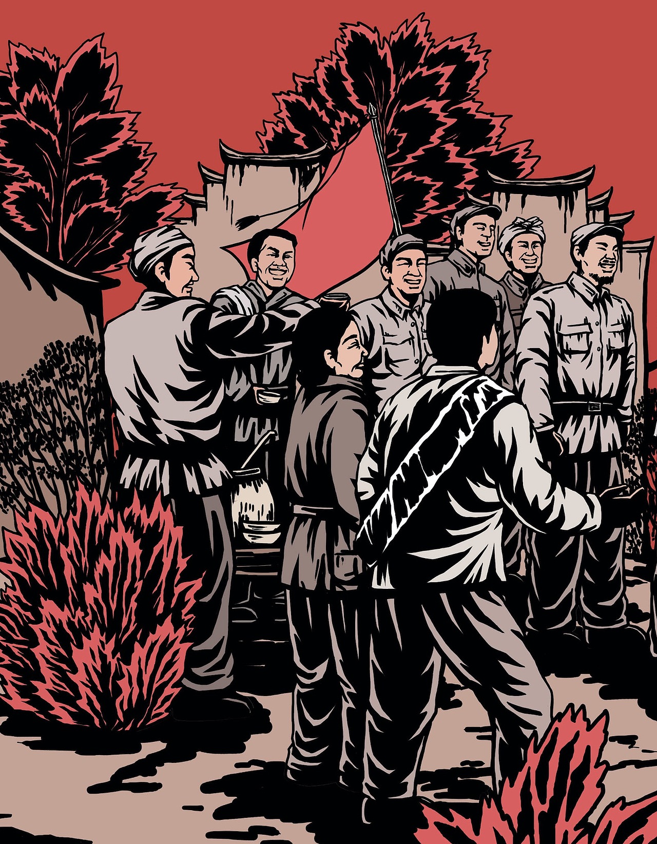 版画风格红色革命题材延安系列插画