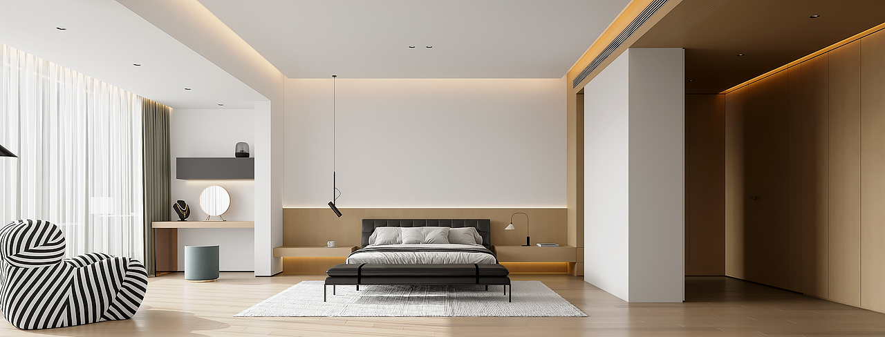 现代简约原木风大平层效果图