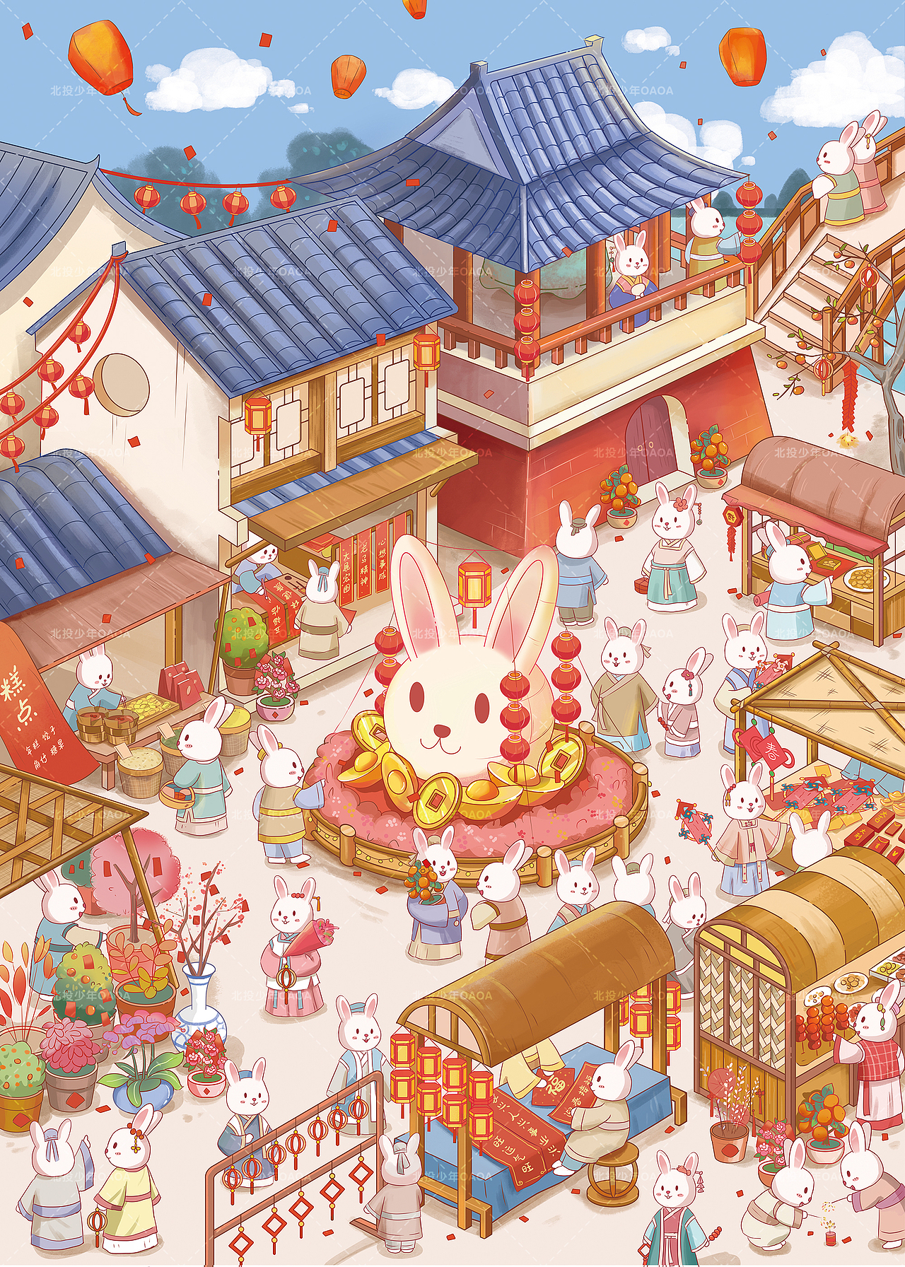 兔村新春游园图  | 兔村系列原创插画