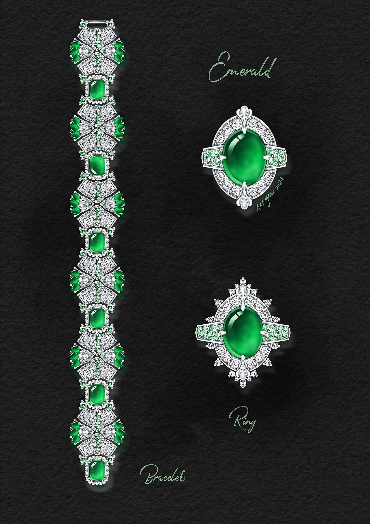 祖母绿高定珠宝套装手绘