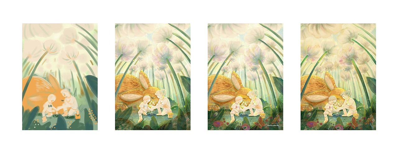 前景一直有意识的加重颜色,但画面上方的颜色一直不敢加重,因为一直记着要虚化,最后头轻脚重,失去平衡。最后主体加重对比,上方的花底也加重了一些。