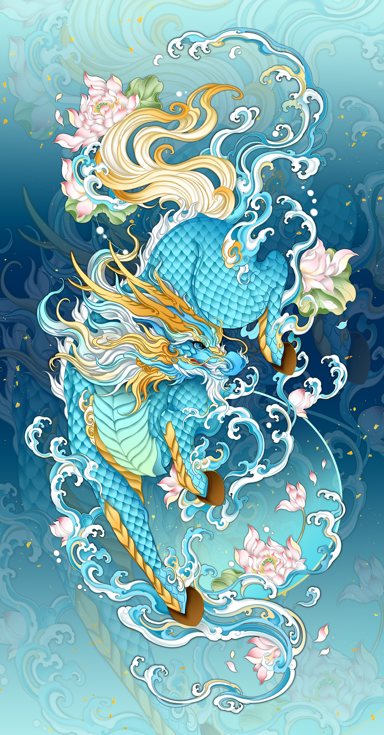 【水麒麟】
它也继承了应龙的龙头,而且拥有掌控水的技能,长有龙头、鹿角、马蹄,尾巴成卷曲状。像狮子一般。