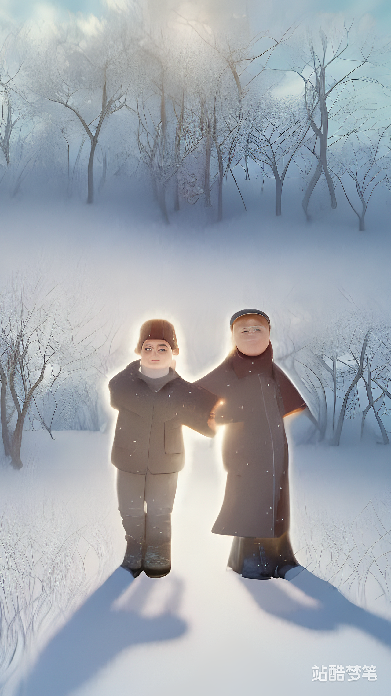 #站酷梦笔#农村 雪 房屋 孩子 冬季 上学 道路 蓝色,