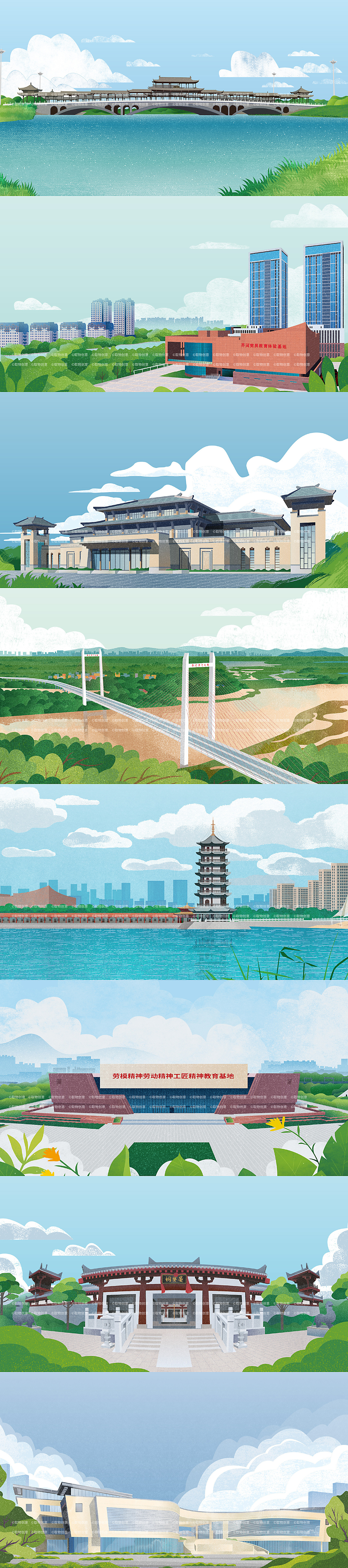 山东地市插画｜城市建筑插画一组（图ZMzM1NjU4NDg0） - 商业插画 - 站酷设计师取物创意原创素材 - 站酷ZCOOL