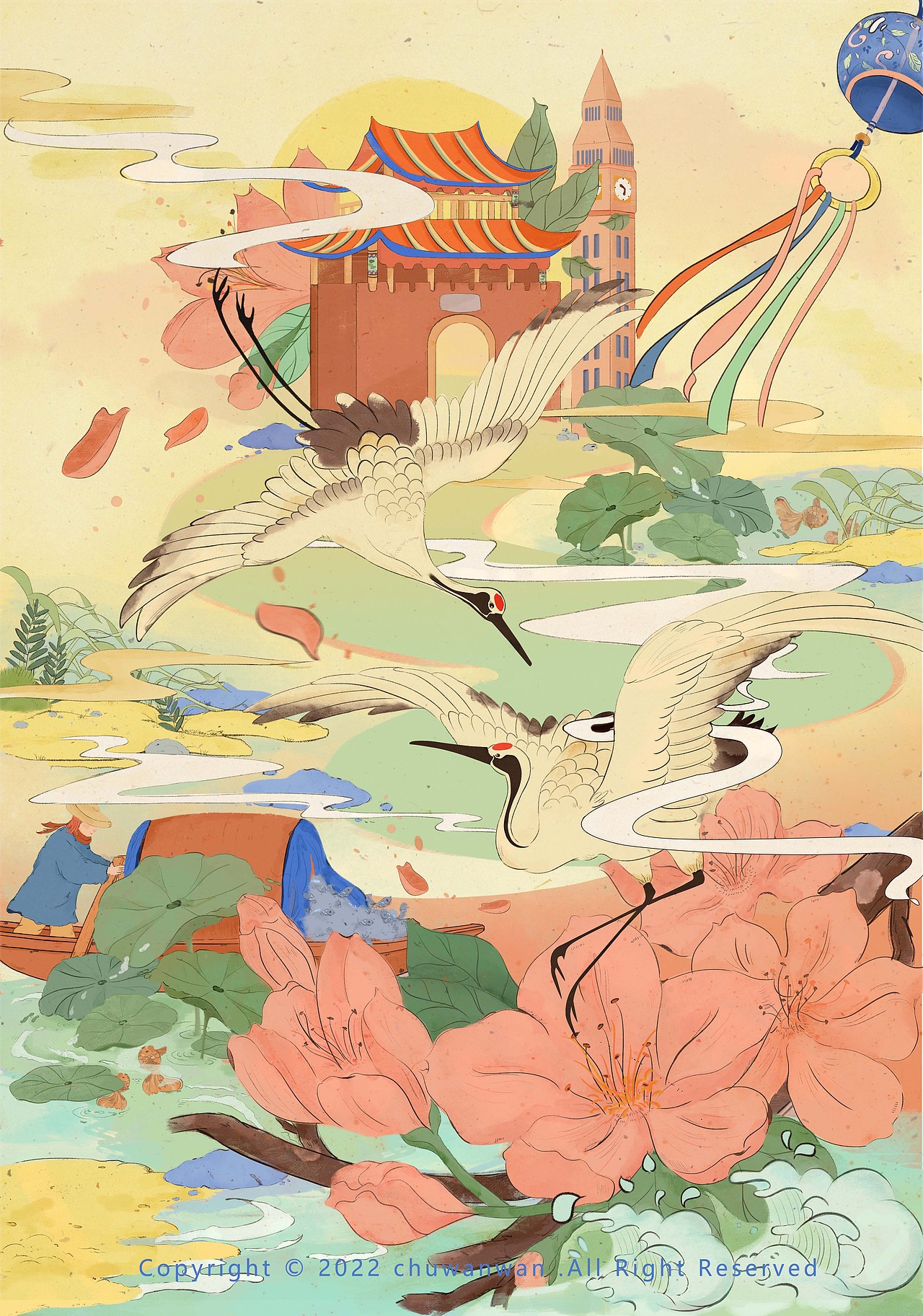 原创国风插画|仙鹤文创国潮插画