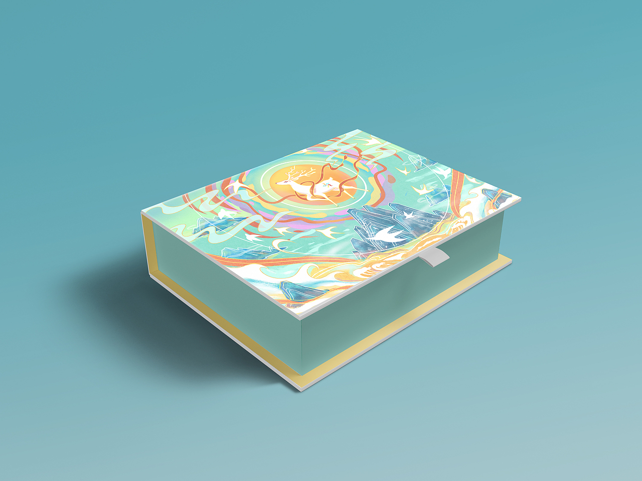 国潮月照彩云鹿包装插画