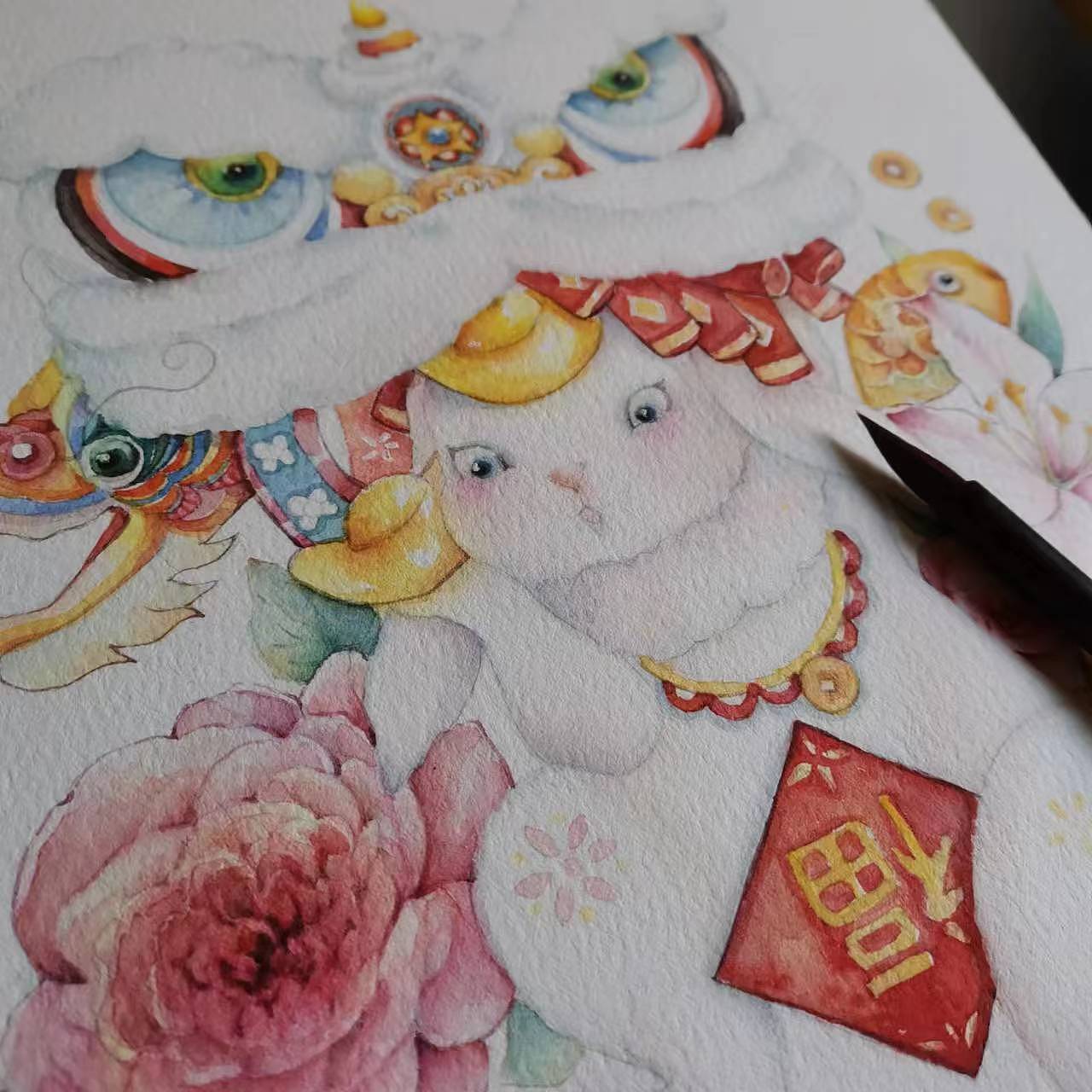 水彩插畫 《兔年舞獅龍》（圖ZMzMxOTIxNTQ0） - 商業(yè)插畫 - 站酷設(shè)計師hbjoan原創(chuàng)素材 - 站酷ZCOOL