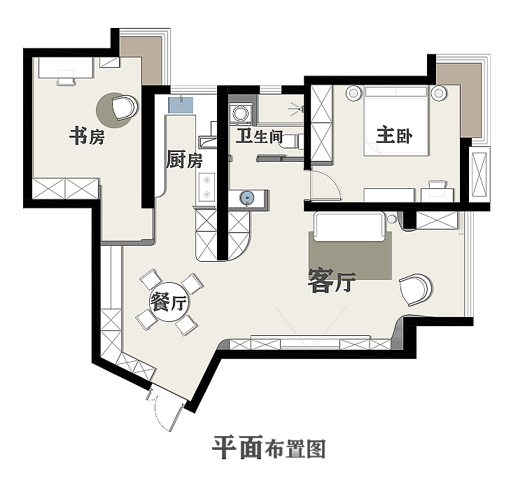 在平面上设计师发现并处理了以下问题:
<br>1.客厅:将原阳台推拉门外移封窗,变成室内空间,晾晒功能被放在卫生间里,使阳台作为休闲区而存在,再也没有长期晾晒在阳台的衣物,还客厅一个干净清爽的阳台。<br><br>2.晾晒:原来的晾晒功能改到了卫生间内,由洗烘机负责,再将洗手台盆外置,背后新建的墙体也平衡了原沙发墙过短的问题。<br><br>3.西厨:改变书房门的朝向,得以再原本动线上做出一排柜子,作为西厨空间使用,满足业主二人平时吃简餐喝红酒的小区域。<br><br>4.玄关:原本户型的餐桌无论怎么摆,都处理不好餐厅与玄关的关系,现在使用圆形餐桌再加上弧形柜子过渡 ,增加储物量的同时,大大弱化了斜墙带来的空间感受。