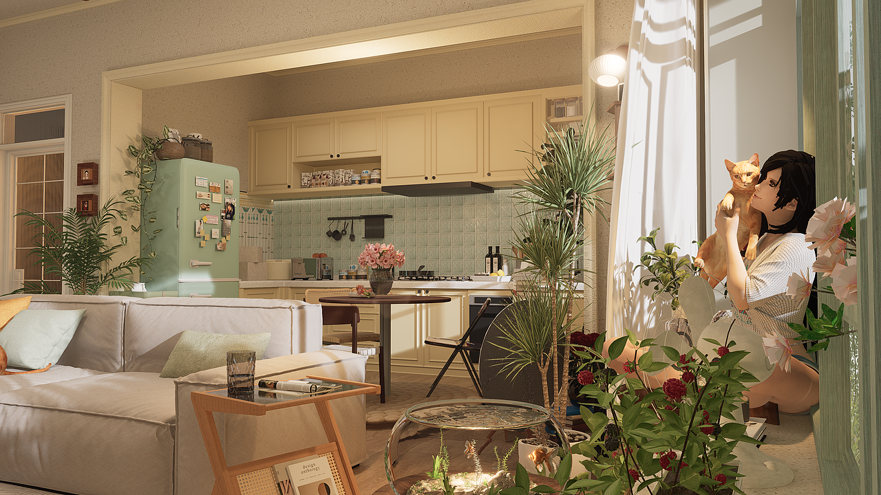 夏天感中古客厅气氛图