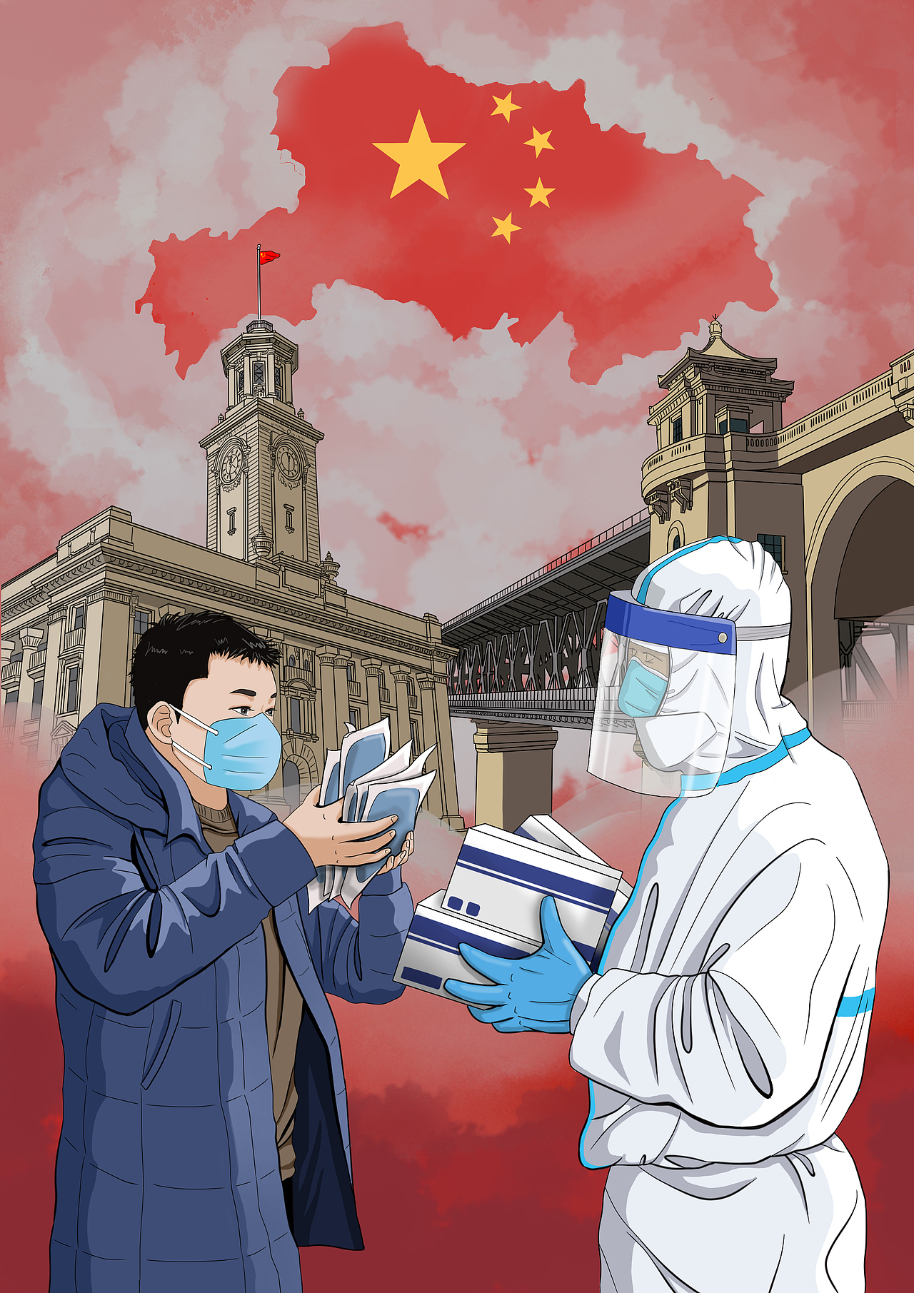 插画 武汉抗疫 防护服