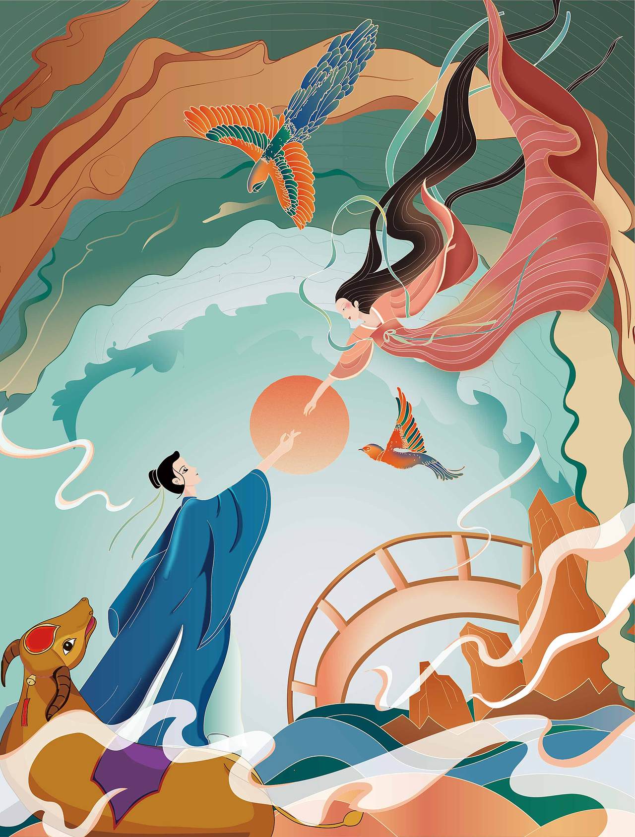 七夕海报 手绘牛郎织女