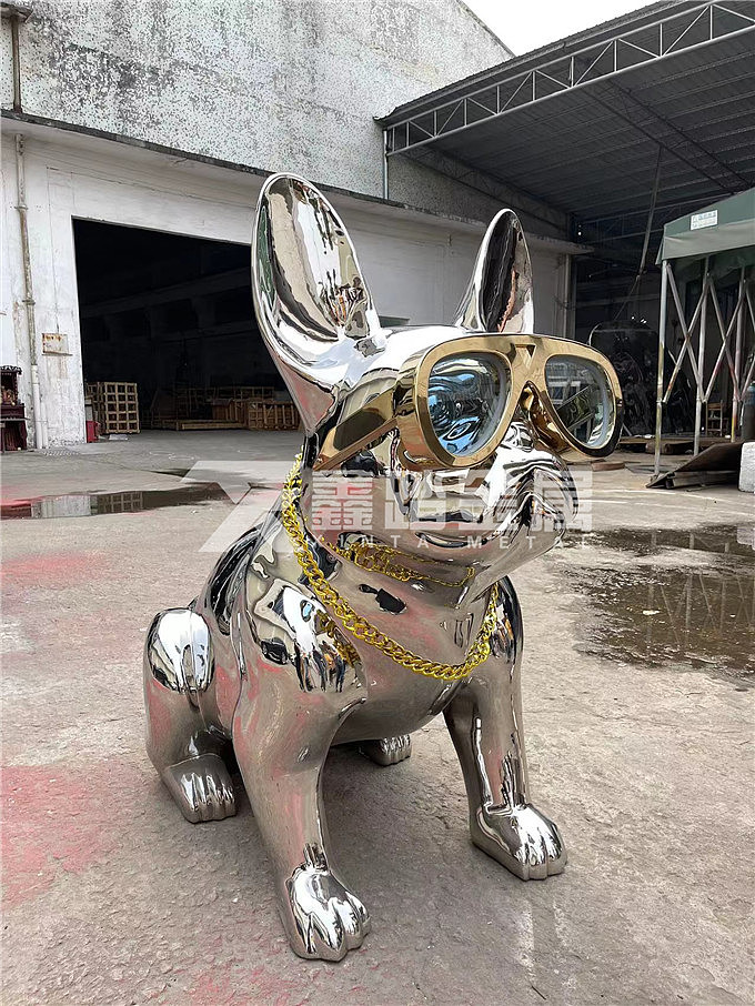 法斗犬金属镜面雕塑 仿真304不锈钢动物艺术装置