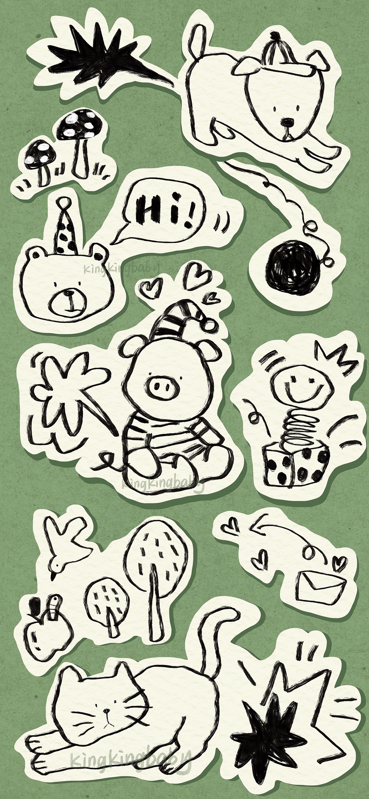 黑白动物涂鸦手帐拼贴风插画