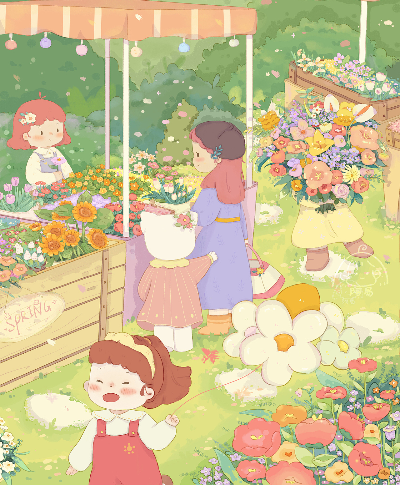 春天一起去逛花市呀（图ZMzM0MTQ0NzY4） - 儿童插画 - 站酷设计师阿易快去画画原创素材 - 站酷ZCOOL