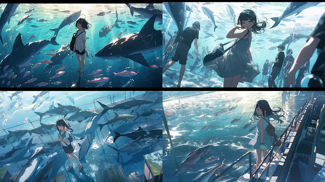 A cool girl, black hair,full body, morning,walking in the deep sea, Makoto Shinkai high on details, depth of field, high angle view, 8K --ar 16:9 --niji 5