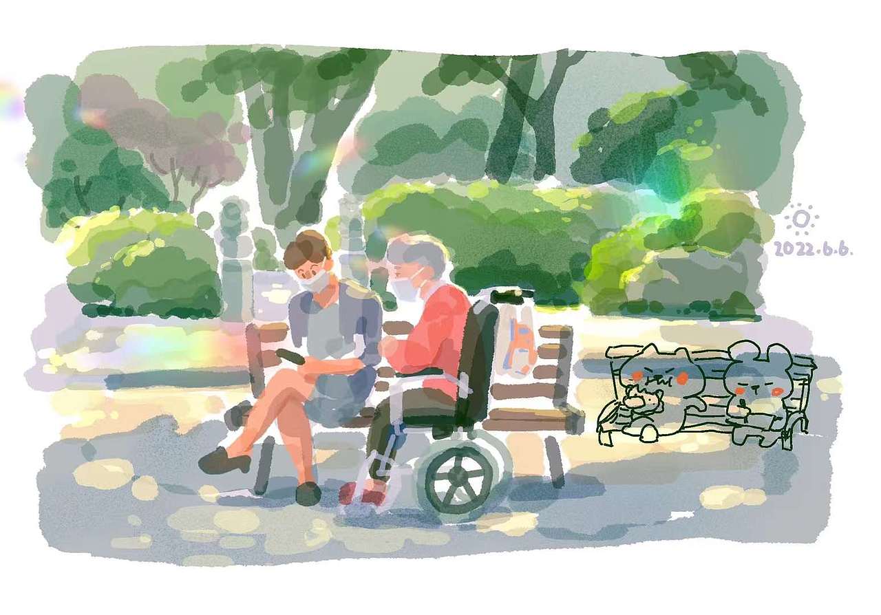 刚解封的静安公园。因为不能堂食,所以大家都在公园椅子上吃东西