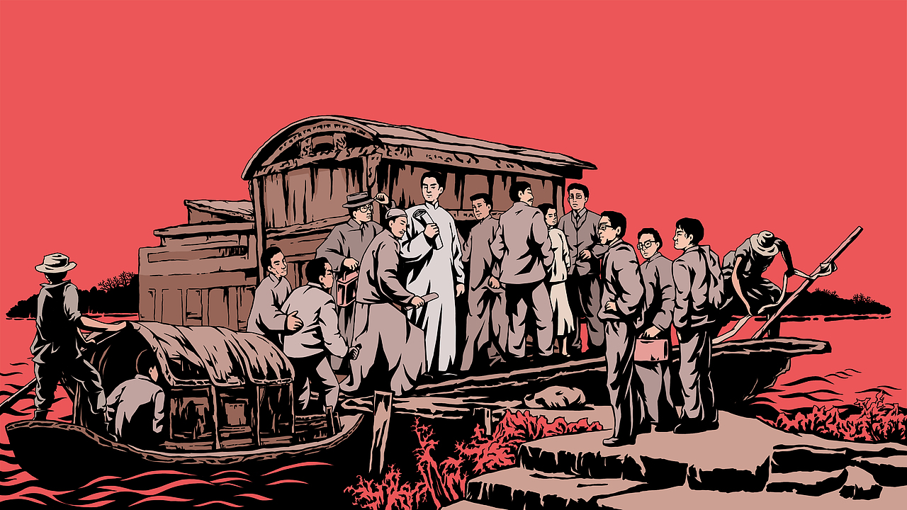 版画风格红色革命题材延安系列插画