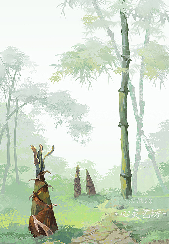 春季绿色水彩意境山水画