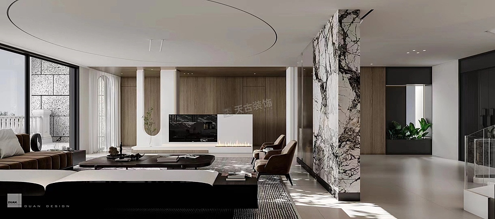 客厅空间不媚不俗,简约优雅。设计师匠心独运,将现代平面构成的视觉形式语言融入到别墅装修的三维空间中,并以独特的现代艺术形式展现出来。