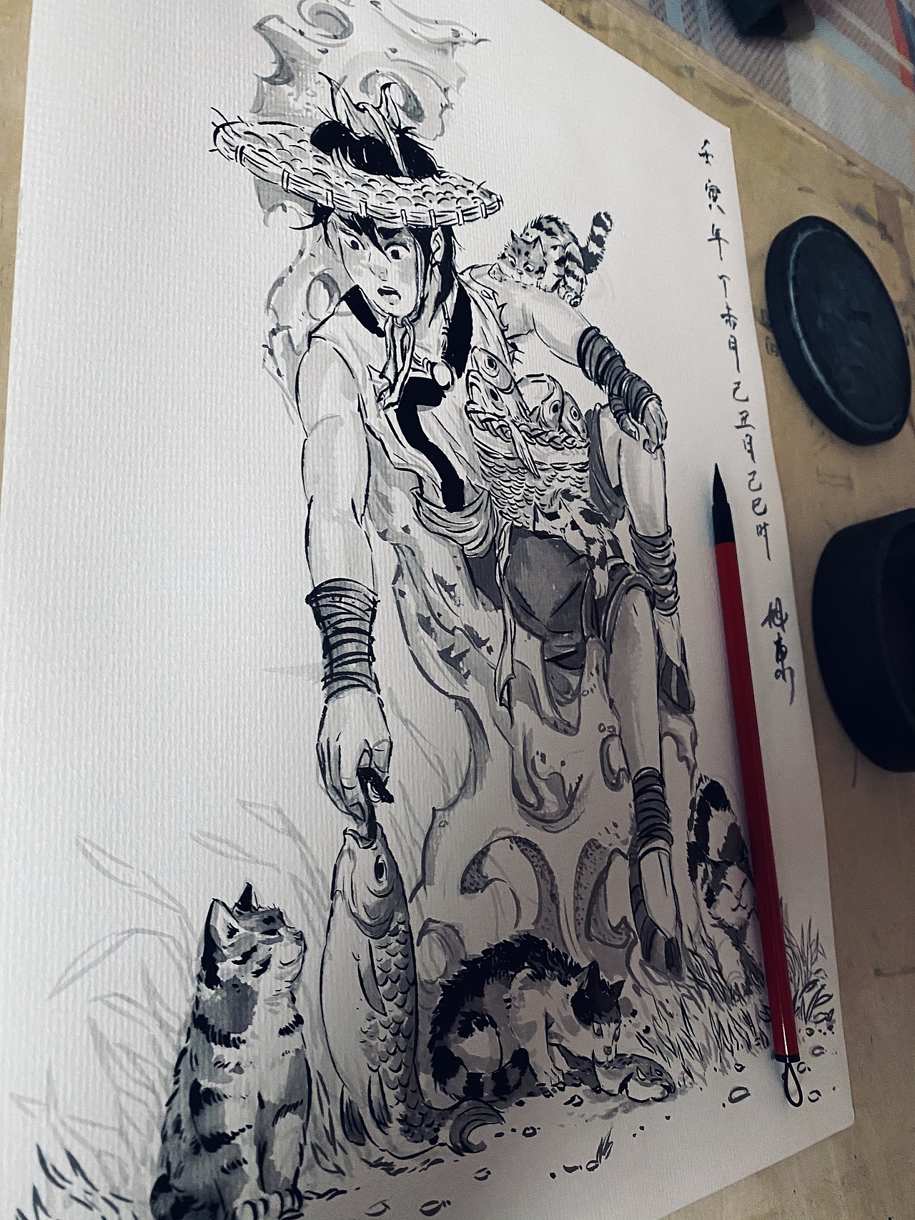 水墨-宝儿喂猫图