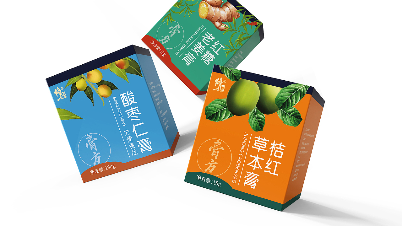 桔红草本膏、红糖老姜膏、酸枣仁膏、三款膏方包装