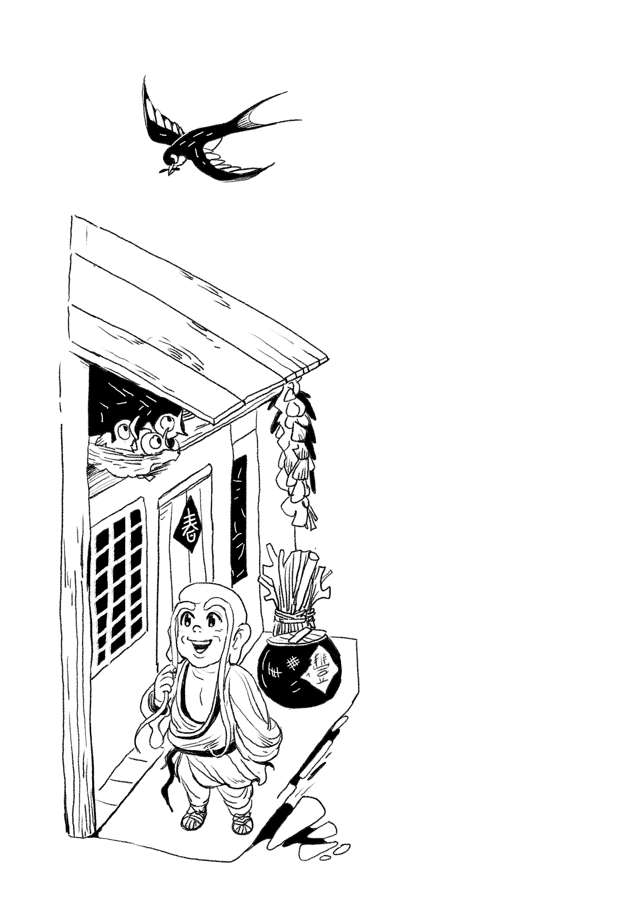 就是这样一篇作品，一开篇长眉罗汉的宝贝眉毛就少了一根，那么接下来，我们无论如何也要看看长眉罗汉是怎么找眉毛的。寻找眉毛的过程，让我们到见识到众生百态、人性贪婪。最后，长眉罗汉发现那根遗失的眉毛被燕子和着泥砌成窝了，他却掉转头走了，并且感到心满意足。在长眉罗汉心中，众生平等，这让长眉罗汉的形象一下子光亮起来，他不再是一个执念于寻找眉毛的滑稽罗汉，而是一个内心至纯至善的得道者。