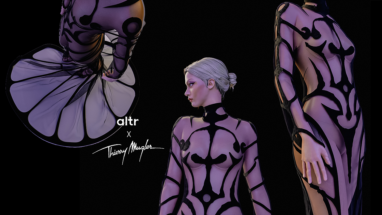 这款由数字建模复刻的Thierry Mugler连衣裙采用了与原版面料相同的虚拟材质,质感细腻、光泽亮丽,完美再现了原作的华贵感。裙身的剪裁和线条设计,展现出女性优雅的曲线和自信的姿态,彰显了Thierry Mugler设计的独特风格。