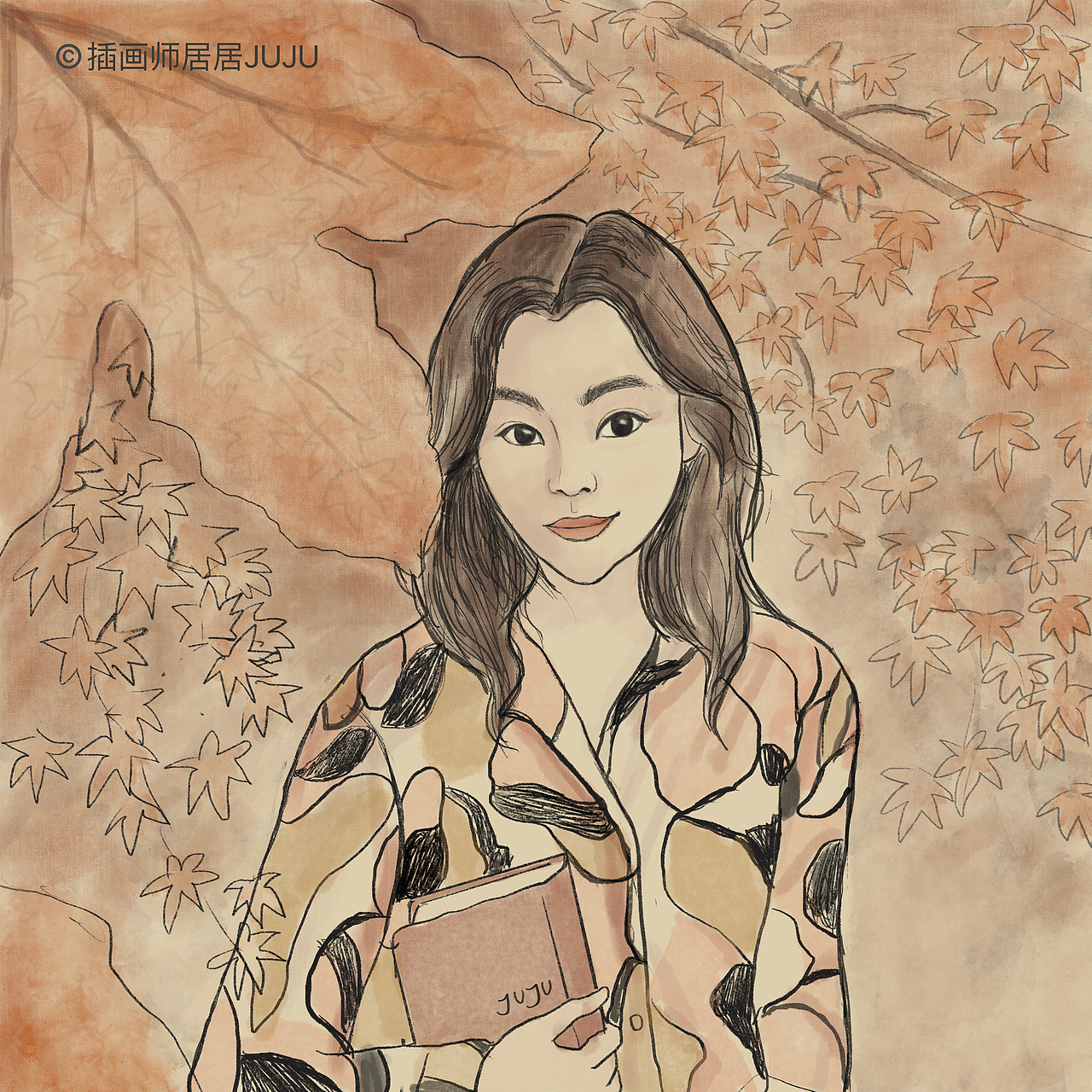 举报收藏分享原创作品插画商业插画人像头像手绘枫叶创意插画速写风
