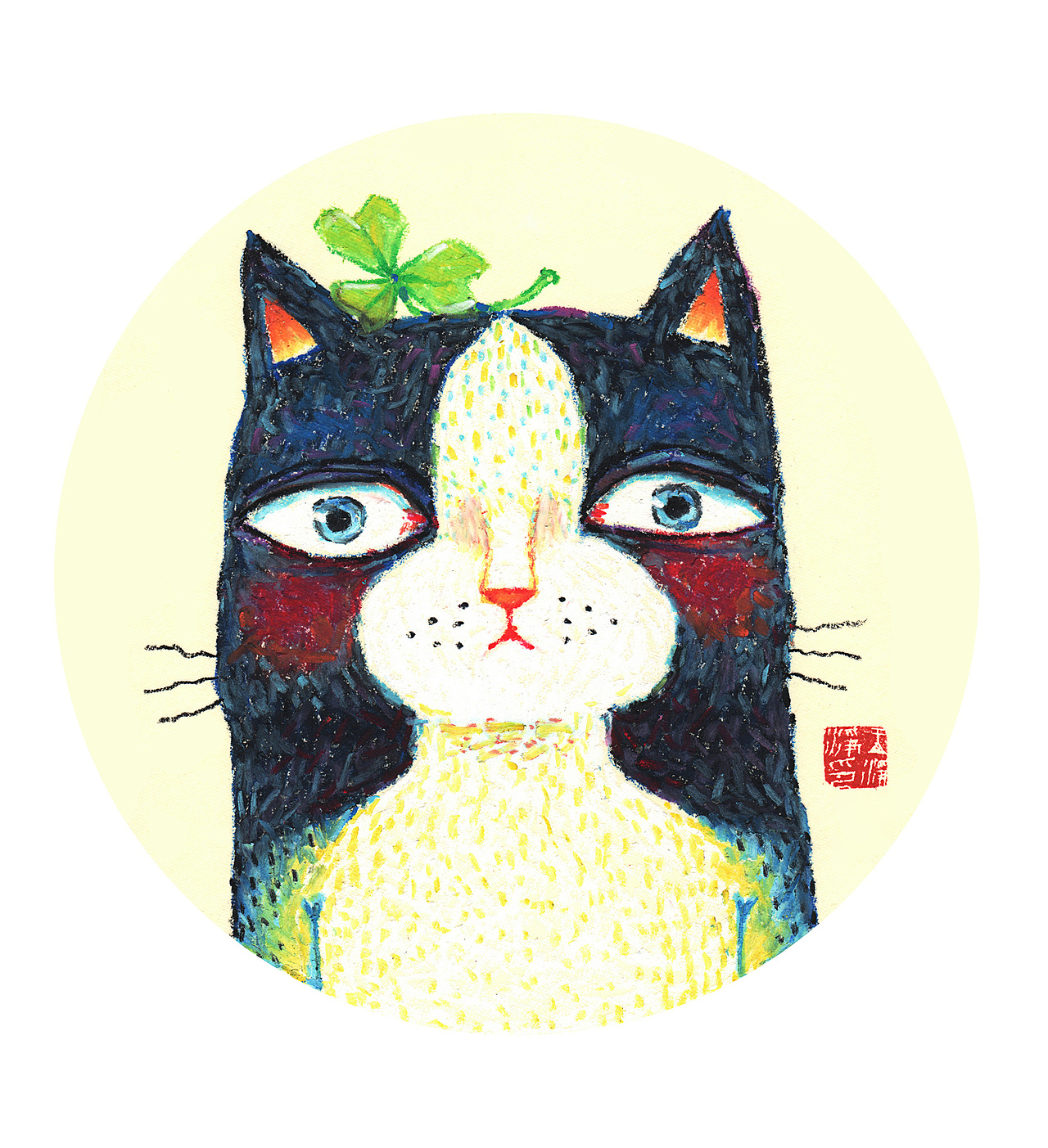 油画棒插画 戴着三叶草的猫