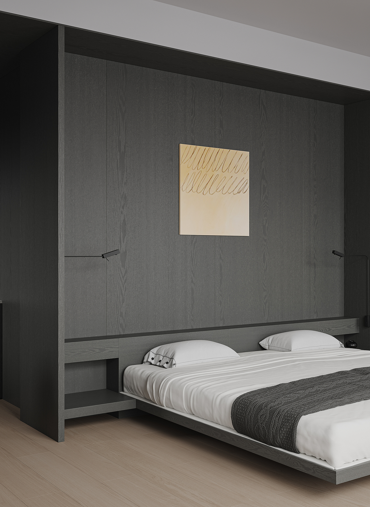 极简黑白灰主卧渲染