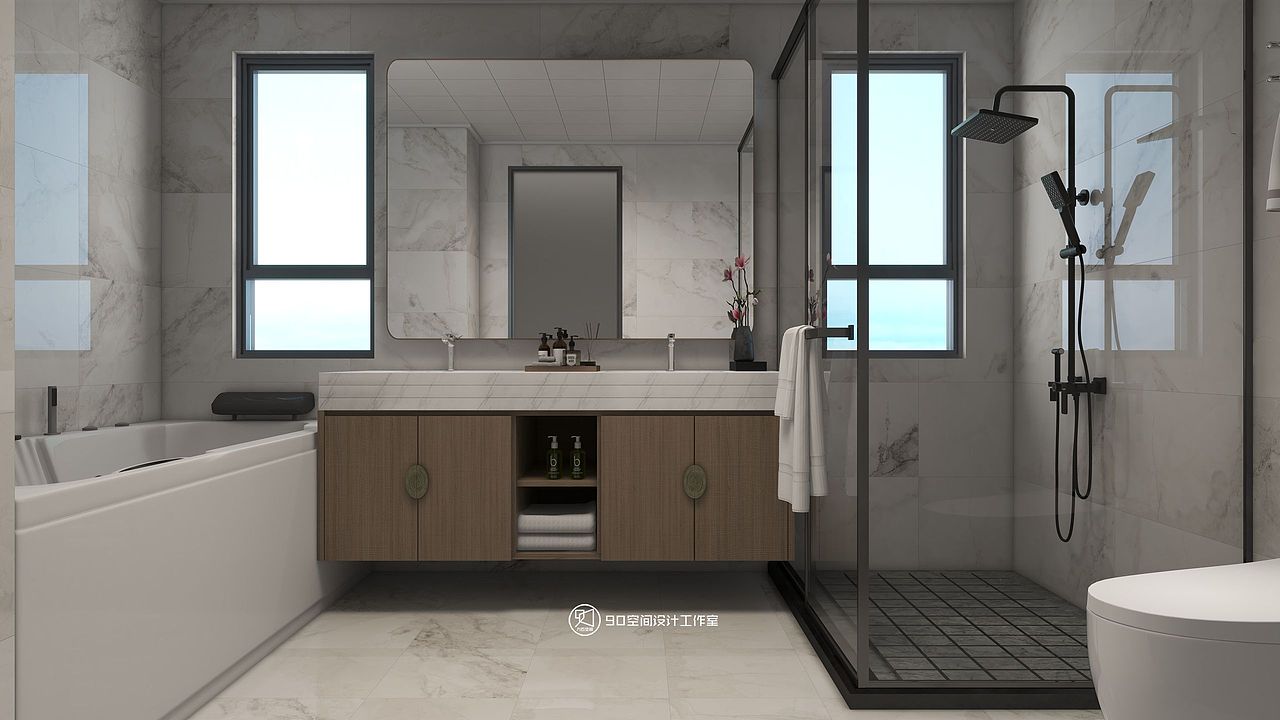 主卫空间较大,环形布局合理划分出4个功能区,淋浴区以玻璃门分隔开实现干湿分离,便于日常的卫生维护;洗漱台选用双台盆悬空实木柜,既呼应整体的中式风格,又提高了使用率,彰显出空间的实用与高级。