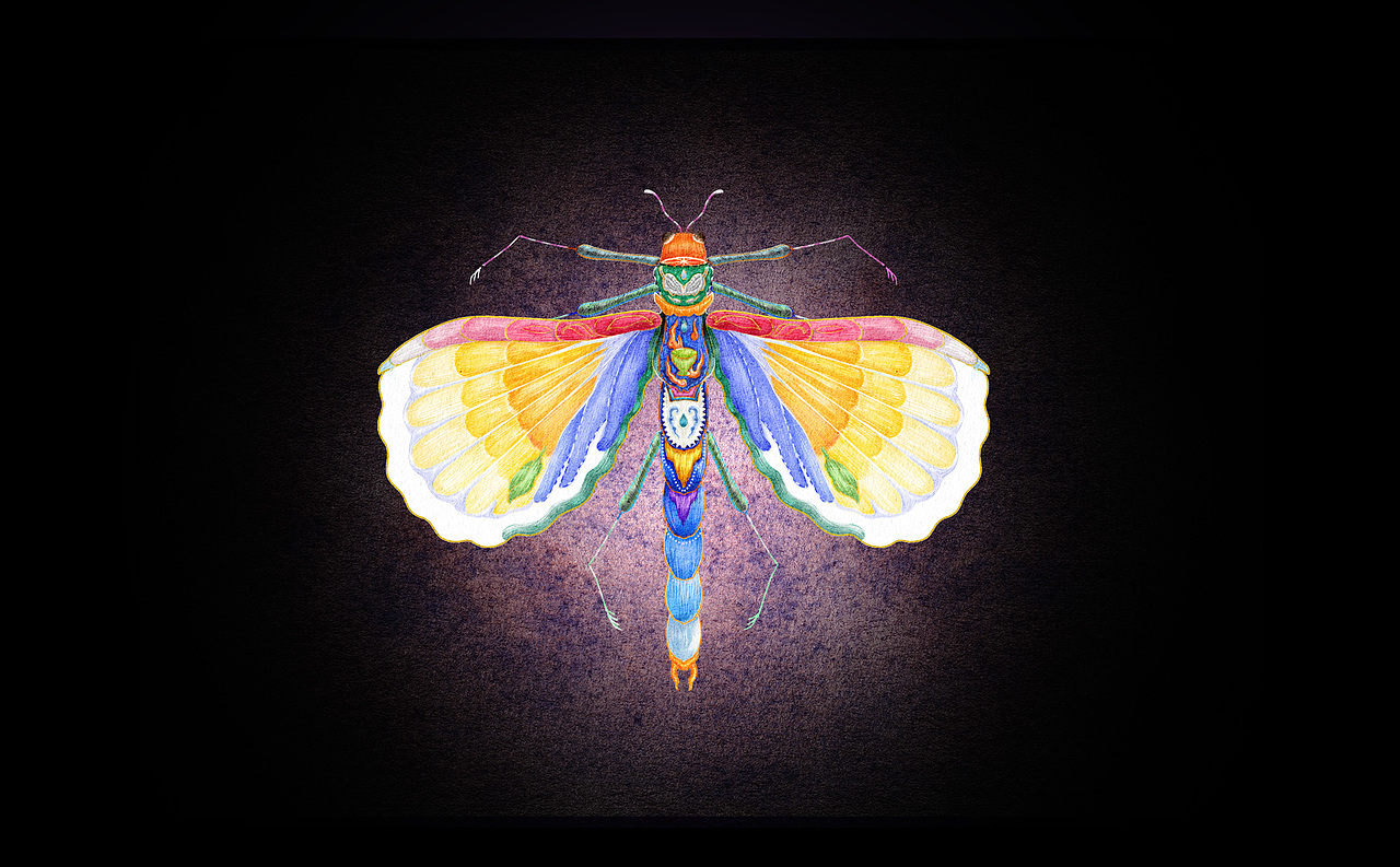 以竹节虫为原型，将茶π口味里，同是自然之物的的西柚、柠檬、茶叶和萃取茶叶时的水与火，设计成纹样融合在一起