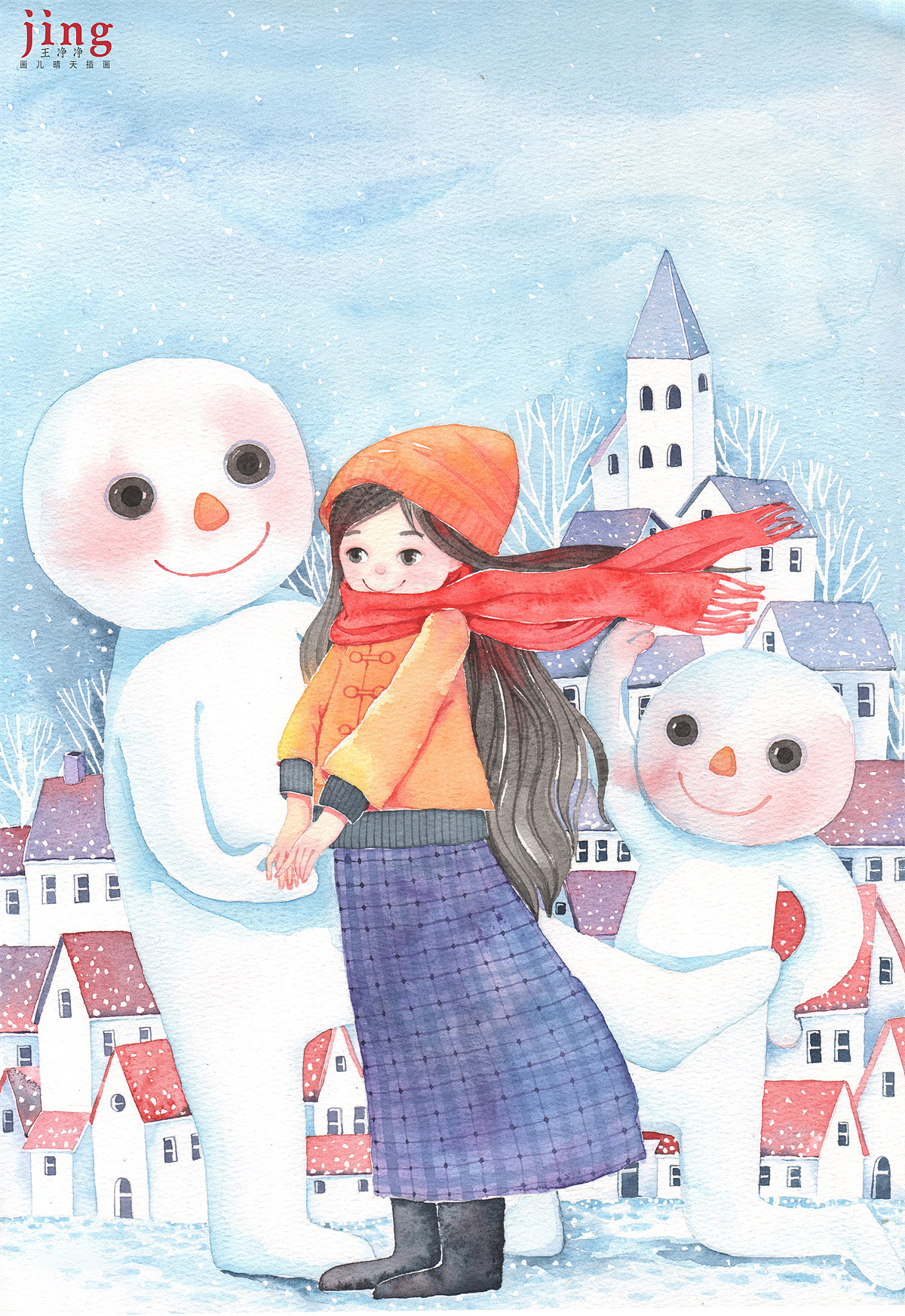 8幅人物水彩插画——红帽子人物系列