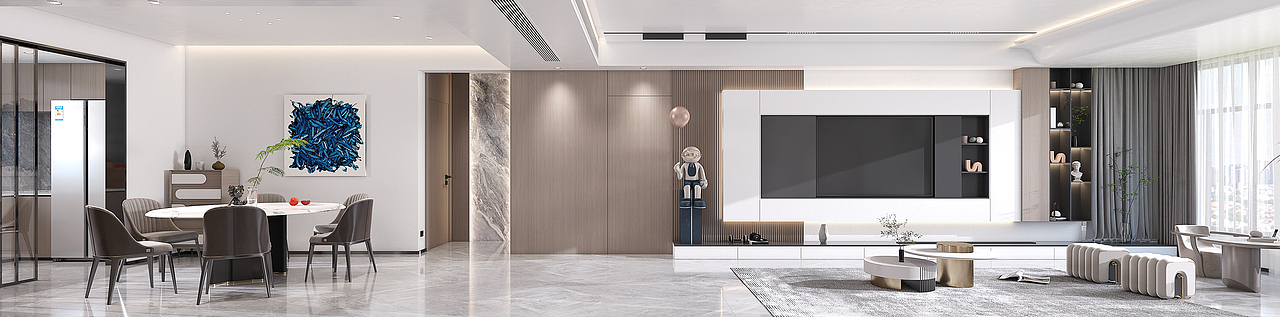 客厅.餐厅.厨房连在一起南北通透,大面积的落地窗将自然光引入室内,给空间创造了良好的通风与采光环境,客厅背景墙定制不锈钢电视壁龛极简又高级。黑白相间 层次分明 视觉效果大气。 极简地台 满足收纳功能