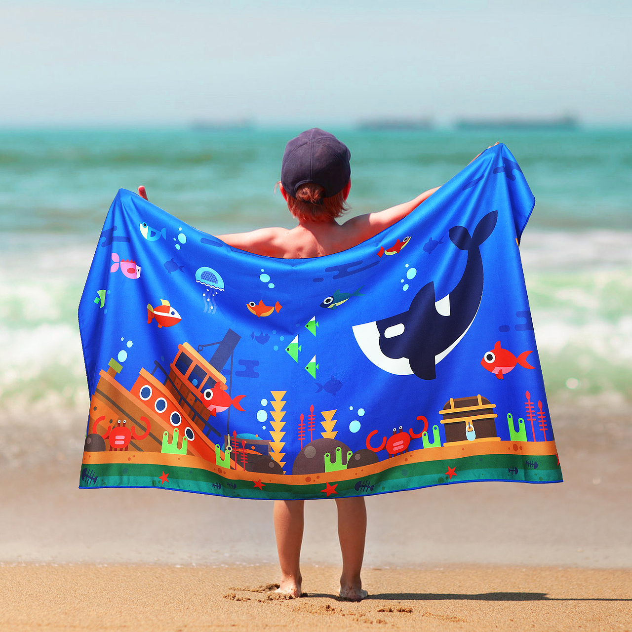 深蓝色海洋乐园儿童沙滩巾 亚马逊主图 高级A+
