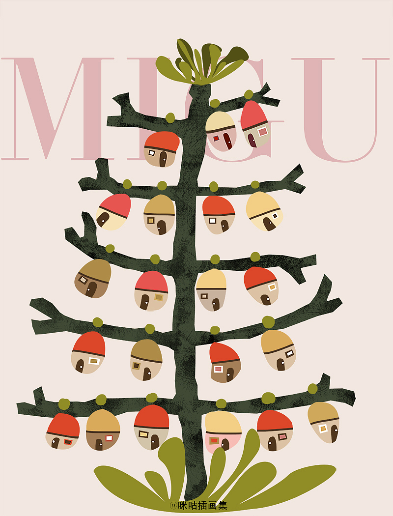 一棵结满房子的树 儿童插画设计 装饰