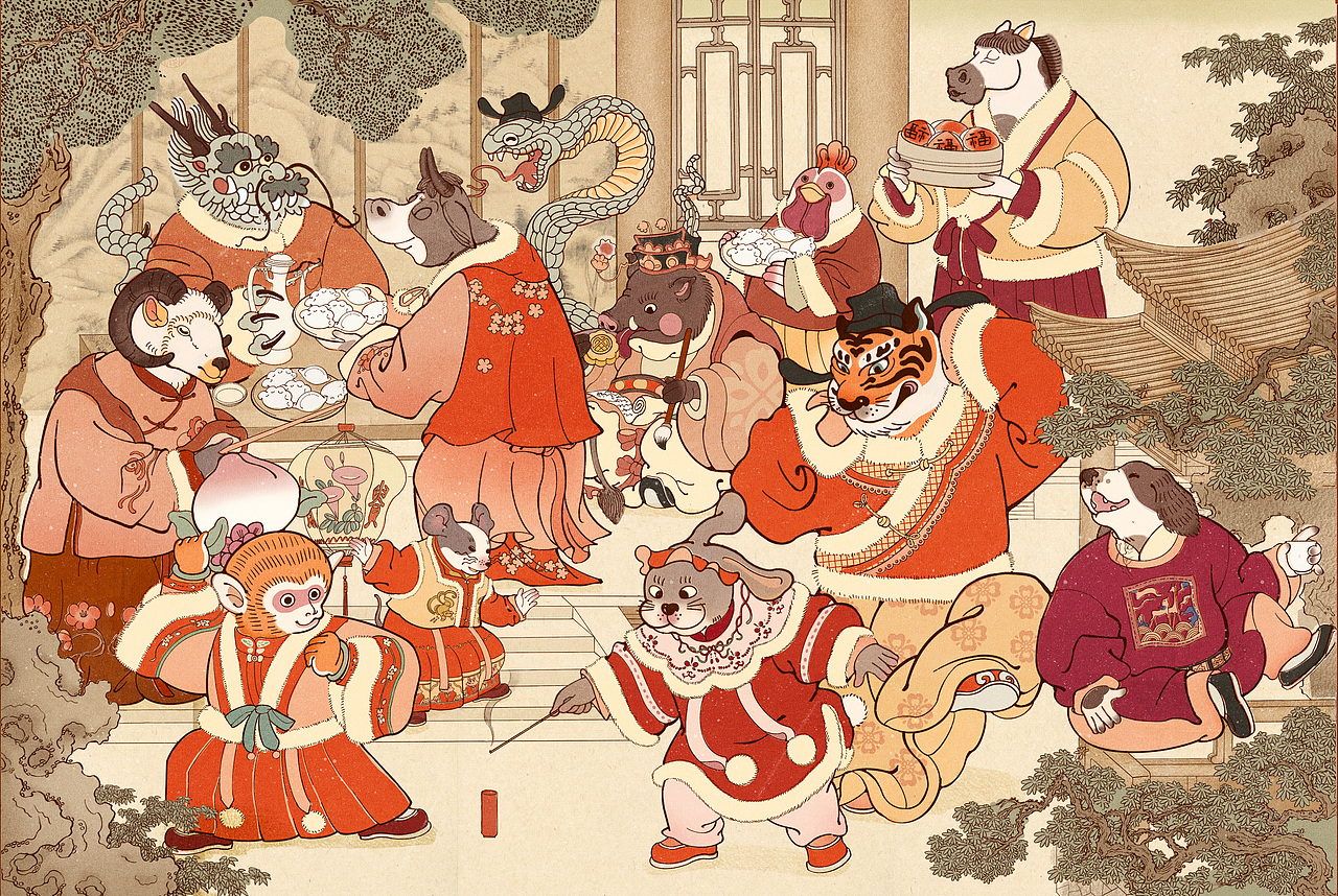 《十二生肖-新年大团圆》2025新春系列--新年插画（图ZMzU3MTk4NDI4） - 商业插画 - 站酷设计师胖玥原创素材 - 站酷ZCOOL