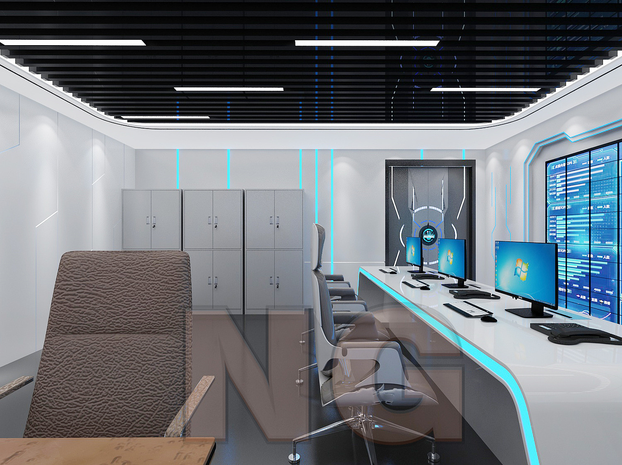 科技感监控室设计3d效果图